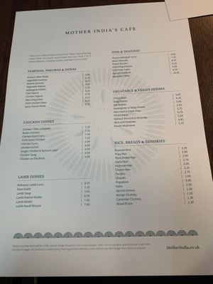 menu  at Mother India in Edinburgh