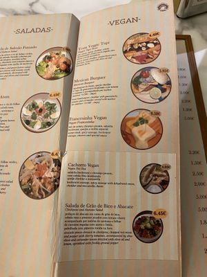 Menu card with the vegan dishes   at Pastelaria Tupi in Porto