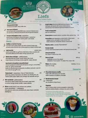Menu as of 4-2024 at Liefs in Tulum