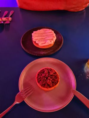 Kenari tart (top) and complimentary birthday cake at Tanaman in Seminyak