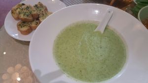Broccoli soup, served with side of grilled bread at San May - Q10 in Ho Chi Minh City