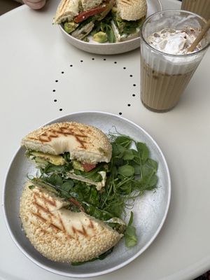 cream cheese & avocado bagel + iced pumpkin spice latte   at Farm2Table - Davidshall in Malmo