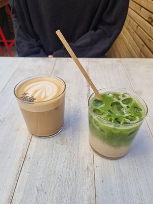 Vanilla lavender latte & iced matcha latte at Farm2Table - Davidshall in Malmo