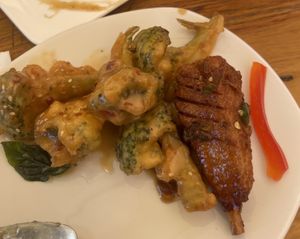 Bang bang broccoli and Thai drum sticks! So delicious   at Love Organic Cafe in West Hollywood