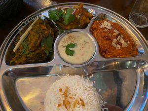Vegan Thali: Rice, Raita, Palak Tofu, Daal, Tikka Massala with soy meat!  at Masala Masala - Sveavägen in Stockholm
