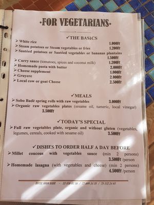 Vegetarian menu in English at Sobo Badè in Toubab Dialao