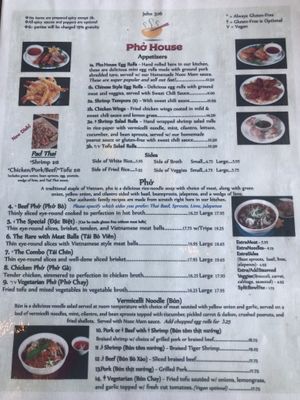 Menu as of August 2023  at Pho House in Redmond