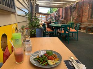 the new outdoor eating area is shady and cool on a hot day at Moon Rabbit in Preston