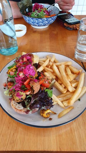 Smashed Falafel Wrap (Replace minted yoghurt to either sweet chilli sauce or hummus, replace flatbread with sourdough toast) at Paulie's Corner Cafe in Wangaratta