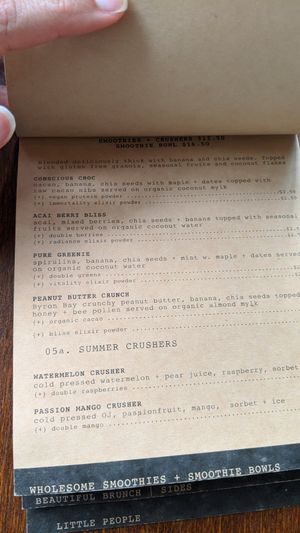 Smoothie menu at Woods in Bangalow