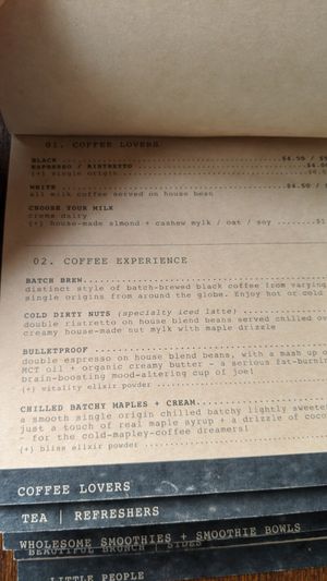 Coffee menu at Woods in Bangalow