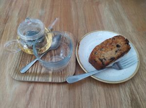 Green tea and toasted banana bread at Last Light Coffee in Blackpool