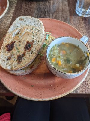 Vegan Fillet toastie with vegetable broth at Pear Tree in Coleraine