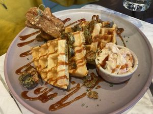 Vegan chicken and waffles with crispy jalapeño   at Evviva in Toronto