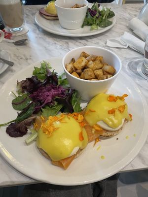Vegan smoked salmon eggs Benedict  at Evviva in Toronto