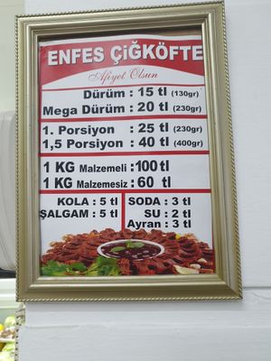Cig Kofte menu at Enfes Çiğköfte in Kyrenia