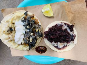 Jackfruit quesadilla and hibiscus taco  at La Cordobesita in Tulum