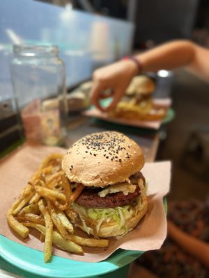 Jackfruit Burger with fries  at La Cordobesita in Tulum