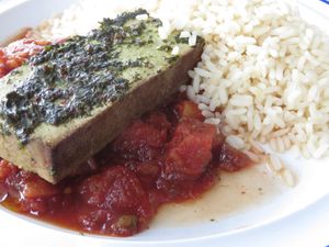 Smoked tofu steak with ratatouille and rice (vegan) at Mensa in Saarbrucken
