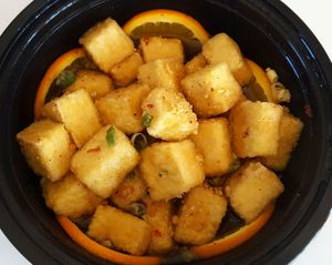 Crispy orange tofu (in a take out) at Jasmine Thai in Indianapolis