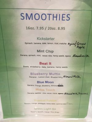 Smoothie menu at Infusedlife Plant Based Emporium in Minneapolis