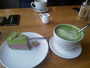 Avocado cake and matcha latte at Koktem in Astana
