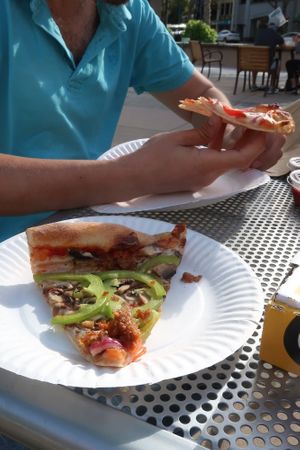 Vegan pizza with Miyoko's cheese, green peppers and Beyond sausage at Pizza My Heart in Palo Alto