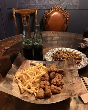 Vegan fried chickn and vegetable yaki udon  at Mr. Lee in Seoul