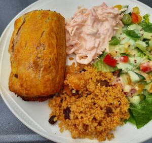Onion bhaji cauliflower roll and salads at Naturally Scrumptious in Aberaeron