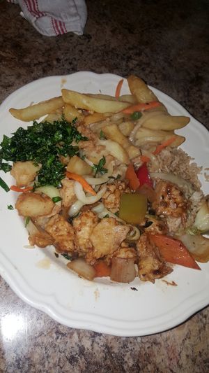 Black bean vegan chicken, no-egg fried rice, crispy seaweed, salt n chilli chips at Yummy Cottage in Newcastle Upon Tyne