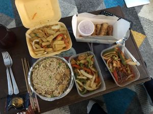 Salt and pepper chips, vegan prawns, vegan fried rice and other dishes  at Yummy Cottage in Newcastle Upon Tyne