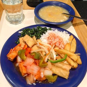 Sweet sour tofu, spring rolls, salt chilli chips, crispy seaweed, sweetcorn soup at Yummy Cottage in Newcastle Upon Tyne