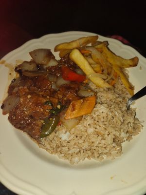 Black bean vegan duck, fried no-egg rice and salt n pepper chips at Yummy Cottage in Newcastle Upon Tyne