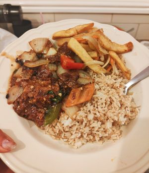 Black bean vegan duck, fried rice and salt n pepper chips🌶️ at Yummy Cottage in Newcastle Upon Tyne