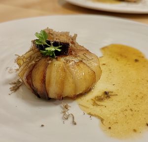 Potato cake with confit mushrooms inside   at Racines Bruno Cirino in Nice