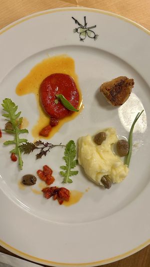 Red Pepper, sweet garlic and potatoes with mushrooms   at Racines Bruno Cirino in Nice