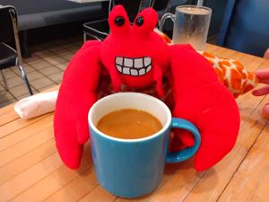 Krusty enjoying a coffee with oat milk. at The Plant Based & Juice Bar in Danville