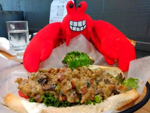 Krusty enjoying a Cheese steak in the Garden at The Plant Based & Juice Bar in Danville