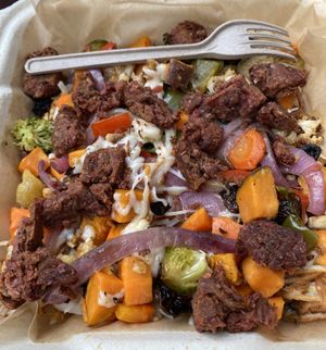 Breakfast Bowl with hash browns and roasted veggies  at The Plant Based & Juice Bar in Danville