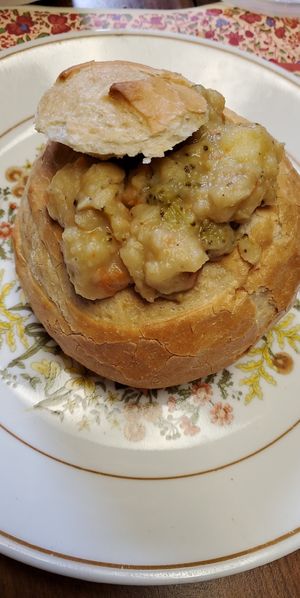 broccoli potato soup in bread bowl at The Plant Based & Juice Bar in Danville