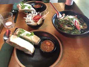 Summer rolls with a vegan Phó to the side  at Pho in Berlin