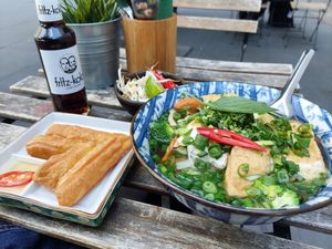 Fried wheat sticks, free tiny salad and vegan Pho at Pho in Berlin