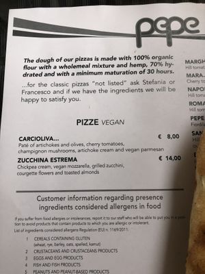 Vegan options on the menu  at Pepe Bianco in Salo