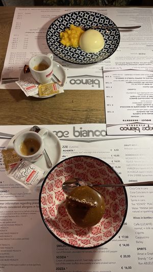 Vegan desserts: white chocolate shell with coconut-ice cream and mango & hazelnut ice cream with salted caramel and crocant   at Pepe Bianco in Salo