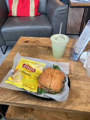 vegan burger on ciabatta with matcha & oat milk  at Bella's Cafe in New Bern