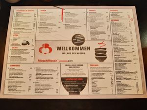 Menu - vegan options are labelled with a small v at MoschMosch in Mannheim