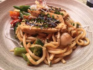 Udon noodles with tofu at MoschMosch in Mannheim