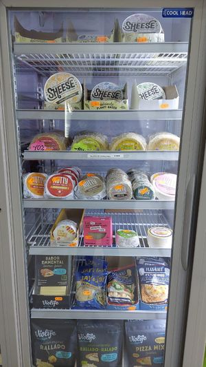Selection of vegan cheeses at Planeta Vegano in Madrid