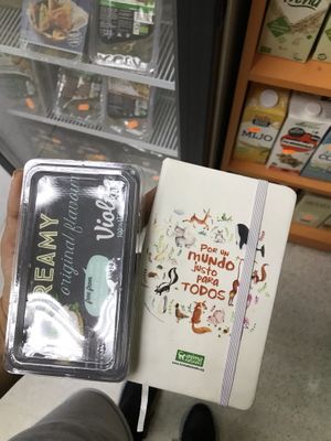 Vegan cheese and notebook at Planeta Vegano in Madrid