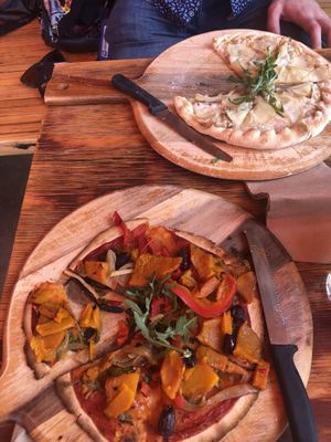 El Gordo pizza already vegan (I chose a GF base) and Patate pizza made vegan.  at Shedshaker Brewing Company in Castlemaine